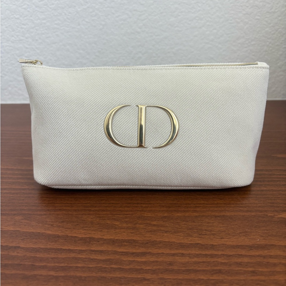 NEW Large Cream Dior Makeup Bag with Gold Zipper and Logo